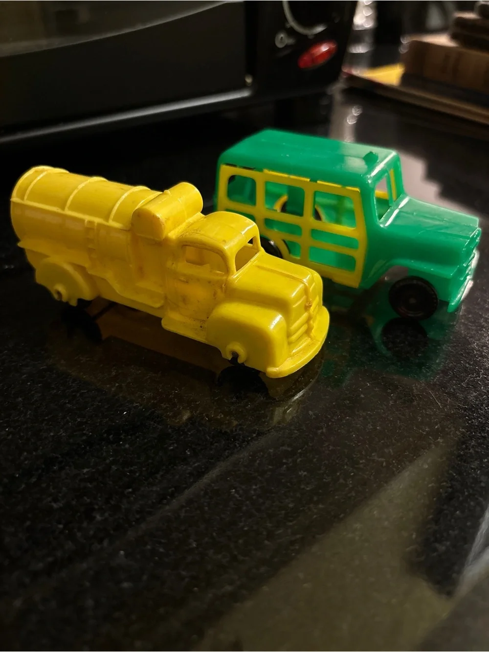 1940’s Yellow Tanker Toy Truck and Green Bus Playset